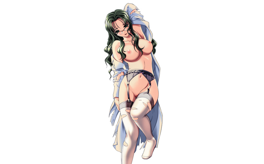 breasts garter_belt glasses jinguuji_narumi nipples photoshop pussy stockings torn_clothes white yakin_byoutou