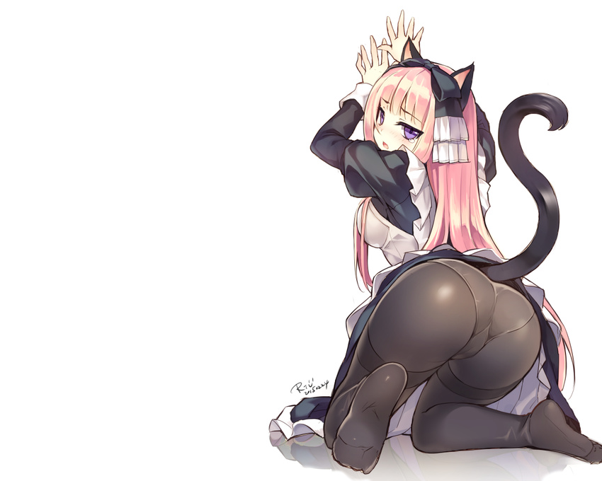 animal_ears ass blush cameltoe catgirl long_hair maid original panties pantyhose pink_hair purple_eyes riv tail tears underwear