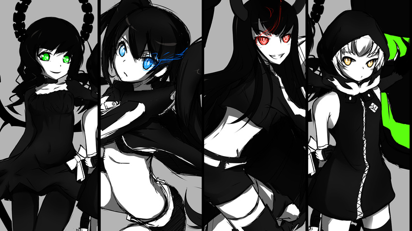 black_hair black_rock_shooter blue_eyes green_eyes hoodie irino_saya koutari_yuu kuroi_mato long_hair polychromatic red_eyes short_hair tagme_(artist) takanashi_yomi twintails white_hair yellow_eyes