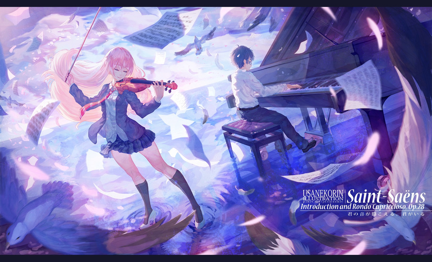 animal arima_kousei bird black_hair blonde_hair blue glasses instrument kneehighs long_hair male miyazono_kawori music piano seifuku shigatsu_wa_kimi_no_uso skirt tie usanekorin watermark