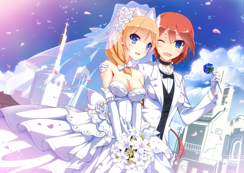 2girls anthropomorphism blonde_hair blue_eyes blush bow breasts choker cleavage dress elbow_gloves flowers gloves headdress nelson orange_hair petals ponytail rodney shoujo_ai suit uiu wedding wedding_attire wink zhanjian_shaonu