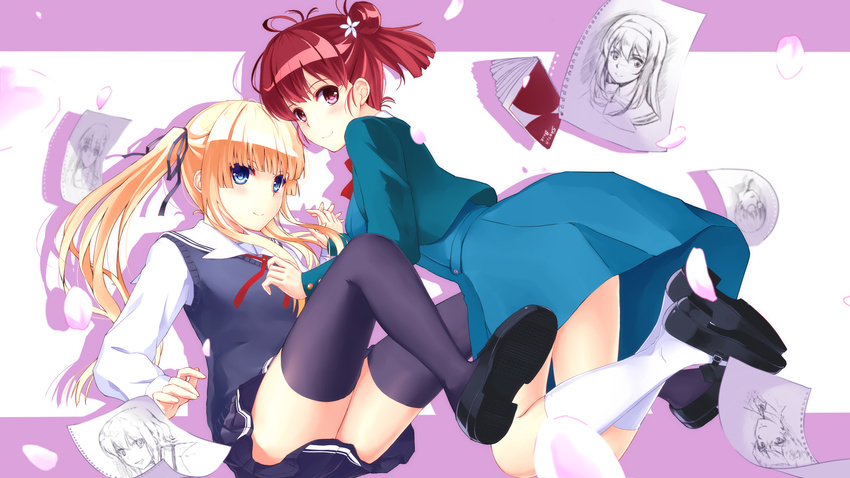 2girls blonde_hair blue_eyes blush book dress hashima_izumi kneehighs long_hair mizuki_ame paper purple_eyes red_hair saenai_heroine_no_sodatekata sawamura_spencer_eriri seifuku skirt thighhighs twintails