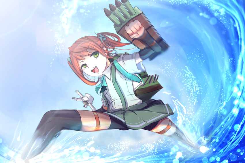 admiral_(kancolle) anthropomorphism asagumo_(kancolle) bike_shorts brown_hair green_eyes kantai_collection seifuku shorts skirt starfullfull thighhighs twintails water