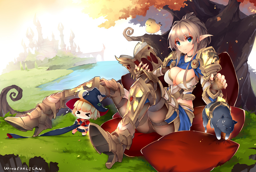 animal armor bird blue_eyes book breasts brown_hair cat chibi cleavage grass hat mkiiiiii_(chuanxcc) pointed_ears tree windforcelan witch_hat world_of_warcraft