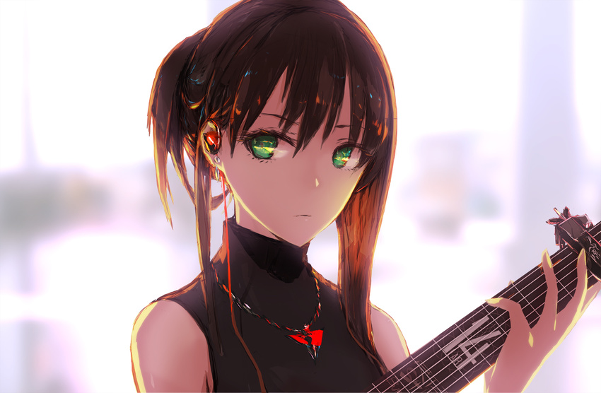 brown_hair green_eyes guitar headphones idolmaster idolmaster_cinderella_girls instrument long_hair lowlight_kirilenko necklace shibuya_rin