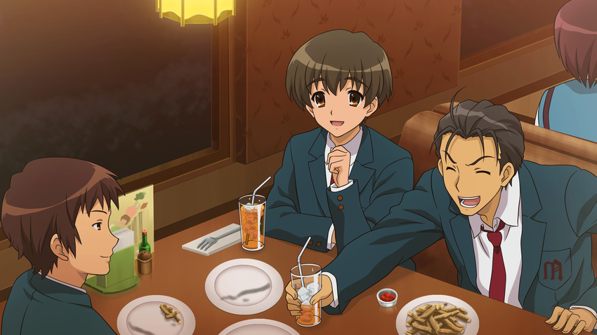 brown_eyes brown_hair drink food game_cg kunikida kyon seifuku short_hair suzumiya_haruhi_no_tsuisou suzumiya_haruhi_no_yuutsu taniguchi tie