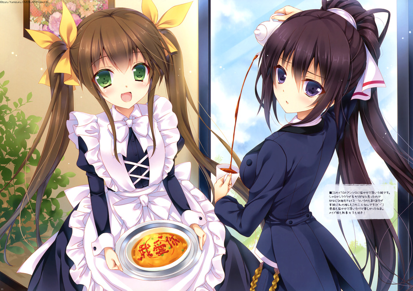 2girls black_hair brown_hair food green_eyes huang_lingyin infinite_stratos long_hair maid mitsu_king purple_eyes scan shinonono_houki twintails