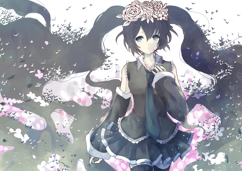 alicetype bicolored_eyes black_hair blue_eyes flowers green_eyes hatsune_miku long_hair skirt thighhighs tie twintails vocaloid