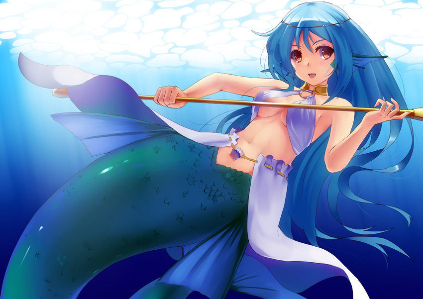 animal_ears blue_hair breasts choker cleavage long_hair mermaid mizuki_ame navel no_bra original red_eyes skirt tail weapon