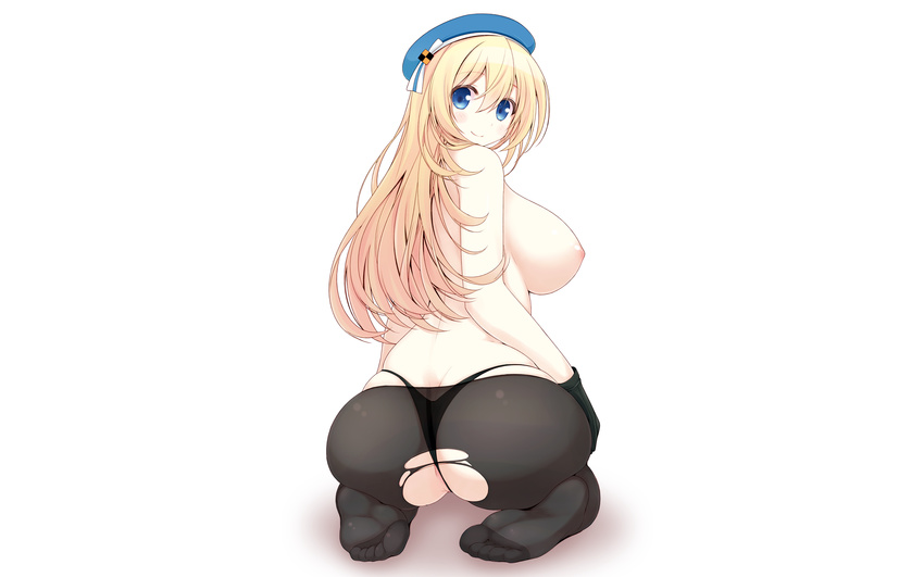 ass atago_(kancolle) blonde_hair breasts gloves hat kantai_collection long_hair naturalton nipples pantyhose photoshop torn_clothes underwear white