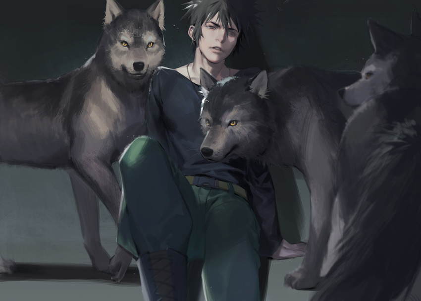 all_male animal black_hair kougami_shinya male naked_cat necklace psycho-pass short_hair wolf