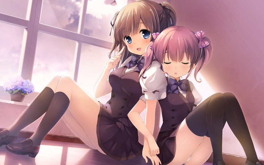 2girls berrys blue_eyes blush bow brown_hair flowers houkou_yuuka kneehighs ohara_tometa panties pink_hair seifuku short_hair skirt sleeping sphere tatsumi_wakaba thighhighs twintails underwear