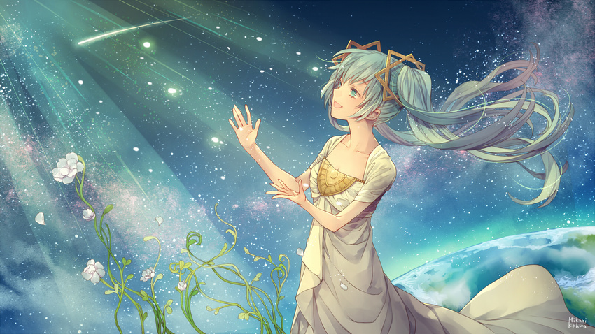 aqua_eyes aqua_hair dress flowers hatsune_miku long_hair mikuni_(mikunik) petals planet signed sky stars twintails vocaloid