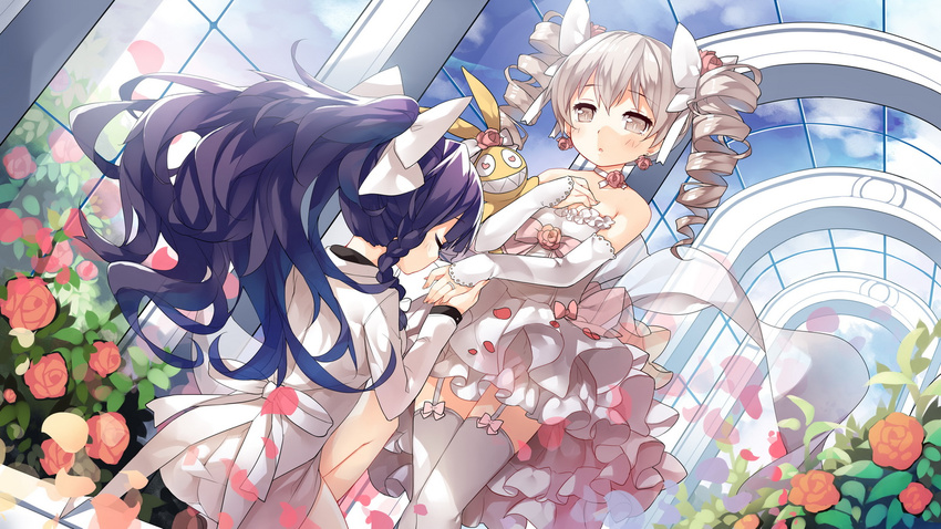 2girls benghuai_xueyuan bow braids bronya_zaychik bunny choker dress flowers garter_belt gray_hair long_hair petals ponytail purple_hair raiden_mei ribbons rose saru thighhighs twintails wedding wedding_attire