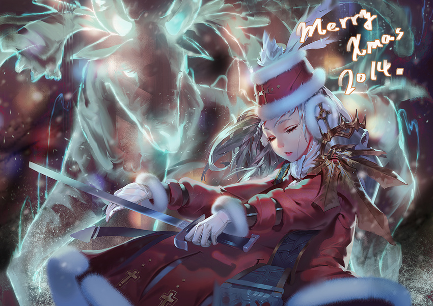 christmas gloves gray_hair hat karasu-san_(syh3iua83) long_hair original santa_costume sword weapon