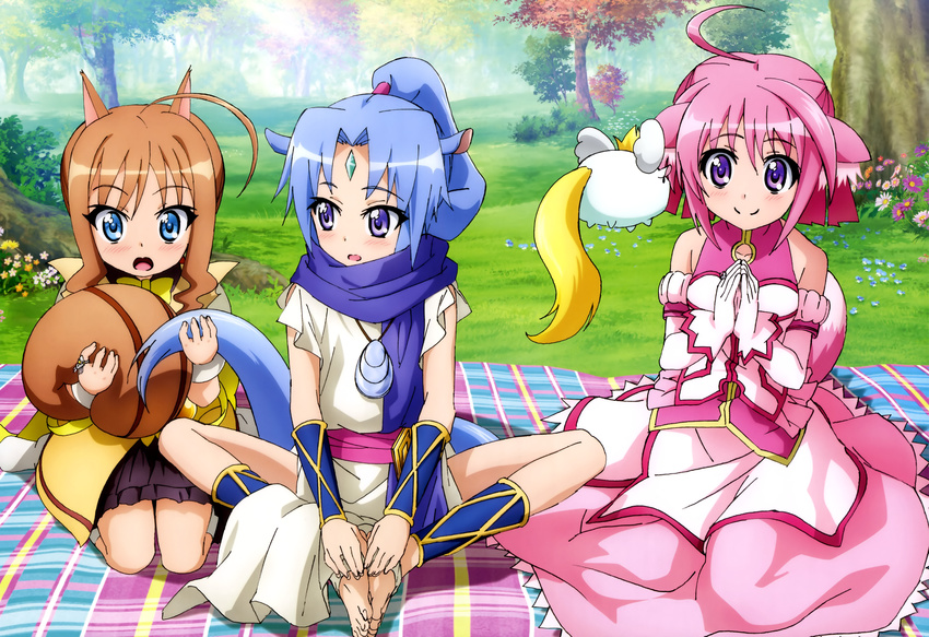 animal_ears barefoot blue_eyes blue_hair blush brown_hair dog_days doggirl flat_chest gloves kuberu_e_pastillage long_hair millhiore_f_biscotti nyantype pink_hair ponytail purple_eyes scan sharu_(dog_days) short_hair tail