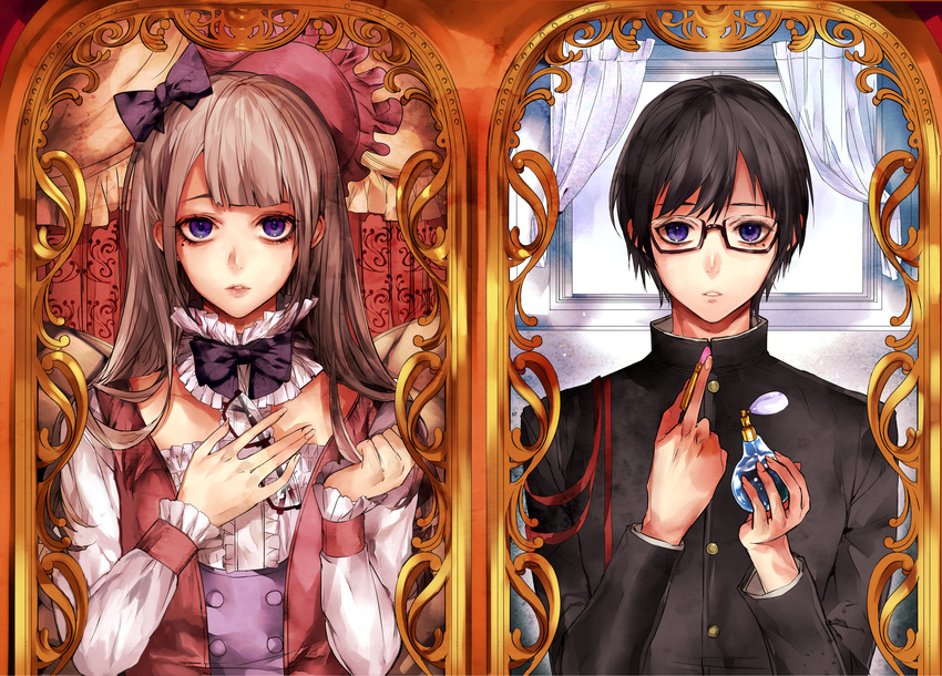 all_male black_hair blue_eyes bow brown_hair glasses long_hair male original short_hair tcb trap