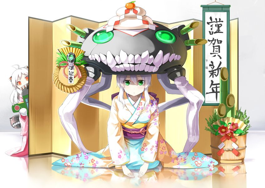 2girls emerane fang gray_hair green_eyes hat horns japanese_clothes kantai_collection kimono northern_ocean_hime translation_request wo-class_aircraft_carrier