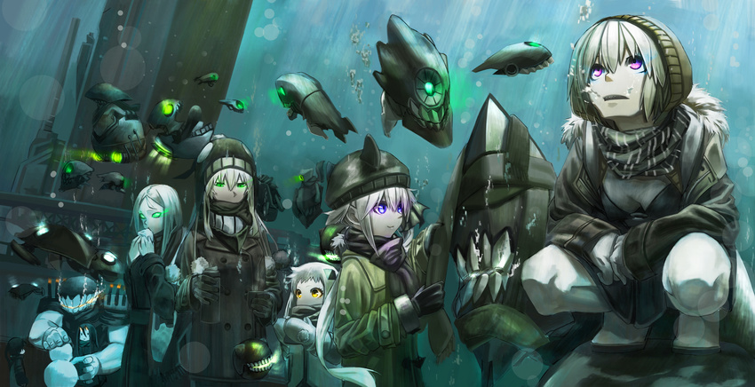 aircraft battleship-symbiotic_hime breasts bubbles cleavage destroyer_hime gloves gray_hair green_eyes group ha-class_destroyer hat he-class_light_cruiser ho-class_light_cruiser i-class_destroyer kantai_collection kirii long_hair ni-class_destroyer northern_ocean_hime pink_eyes re-class_battleship ro-class_destroyer scarf short_hair ta-class_battleship underwater wa-class_transport_ship water wo-class_aircraft_carrier yo-class_submarine