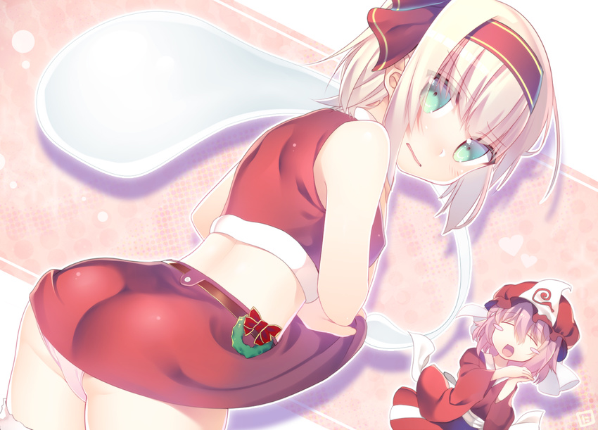 2girls ass christmas green_eyes hat headband japanese_clothes konpaku_youmu myon niwashi_(yuyu) panties saigyouji_yuyuko short_hair touhou underwear white_hair