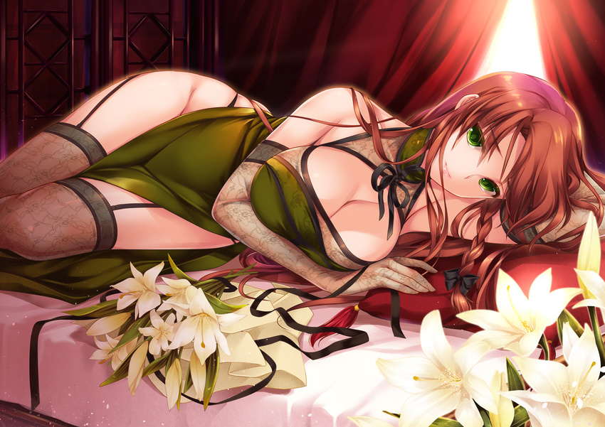 bed bow braids breasts chinese_clothes chinese_dress cleavage elbow_gloves flowers garter_belt green_eyes hong_meiling long_hair moneti_(daifuku) red_hair stockings touhou