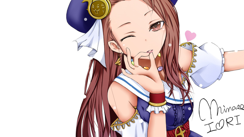 brown brown_eyes brown_hair hat idolmaster long_hair minase_iori necklace wink