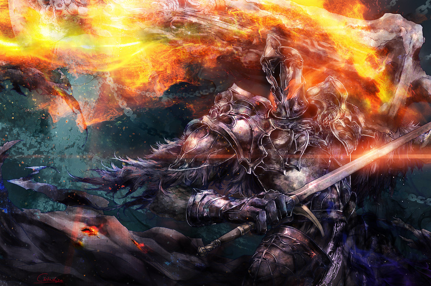 armor cape chain chikashige dark_souls fire sword weapon