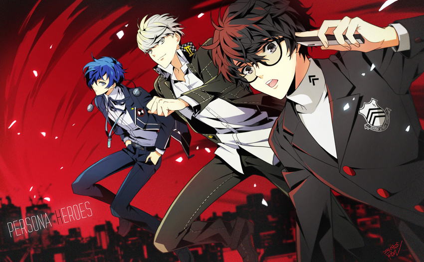 all_male arisato_minato black_eyes black_hair blue_eyes blue_hair glasses gray_eyes gray_hair male narukami_yuu persona persona_3 persona_4 persona_5 phone protagonist_(persona_5) ron_(lovechro) seifuku shirt short_hair uniform