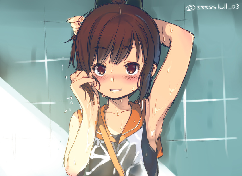 brown_eyes brown_hair i-401_(kancolle) kantai_collection school_swimsuit seifuku short_hair sketch skull.03 swimsuit wet