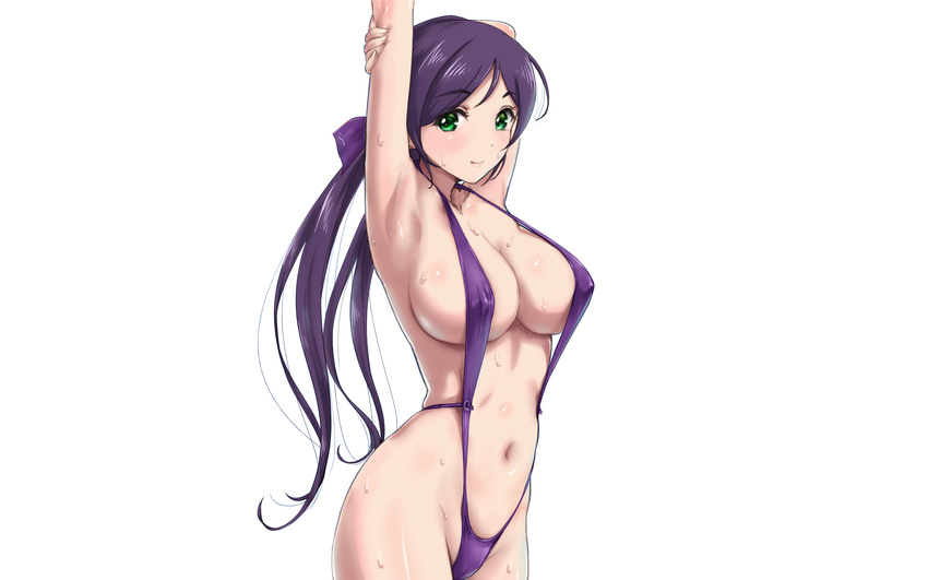 blush breasts cleavage green_eyes long_hair love_live!_school_idol_project navel photoshop purple_hair rasukaru swimsuit toujou_nozomi wet white