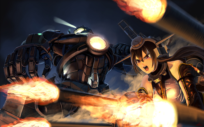 abazu-red black_hair choker crossover fire gipsy_danger headband kantai_collection long_hair mecha nagato_(kancolle) pacific_rim purple_eyes signed weapon