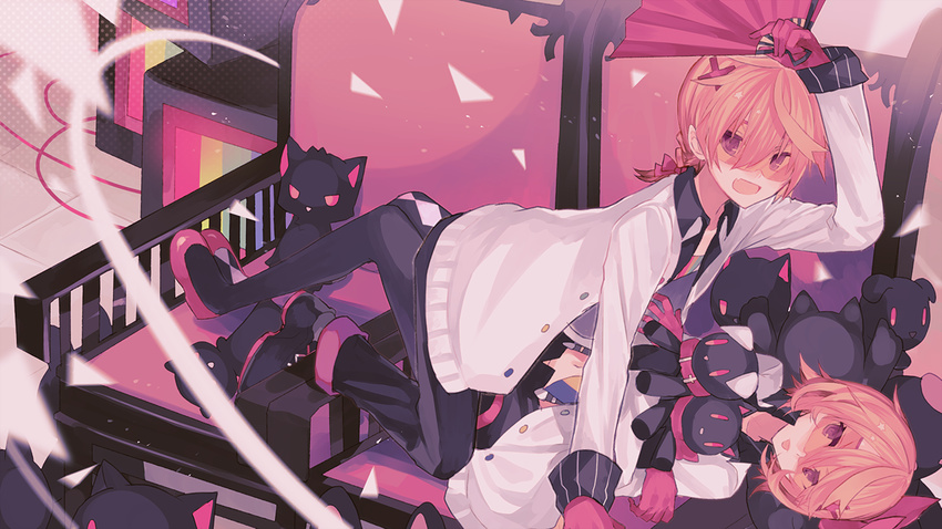 animal blonde_hair braids cat fan gloves goggles kagamine_len kagamine_rin male miwasiba navel short_hair vocaloid