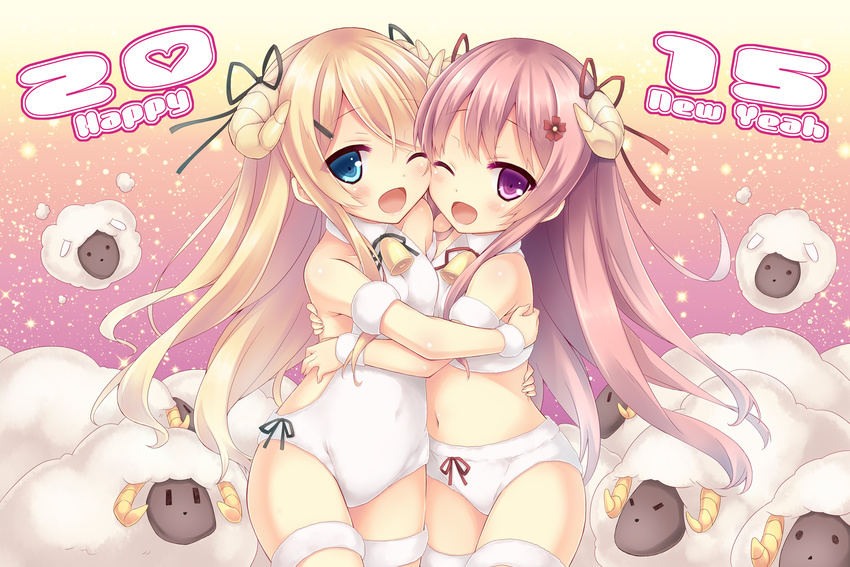 2girls animal blonde_hair horns long_hair original pink_hair ryo thighhighs wink