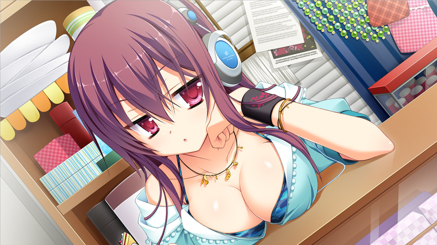 amagase_natsuki bra breasts brown_hair cleavage game_cg headphones hontani_kanae karumaruka_circle long_hair necklace paper red_eyes saga_planets underwear wristwear