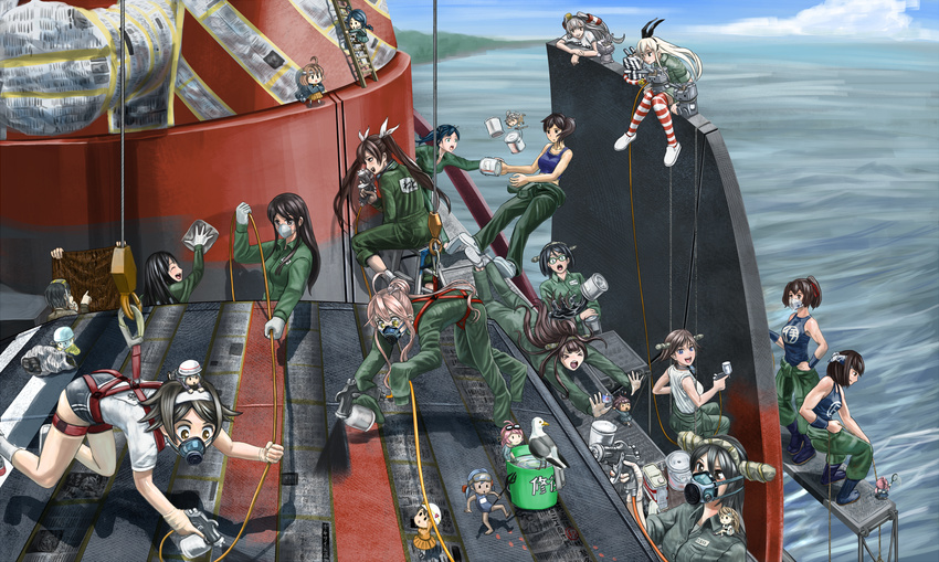 abazu-red akagi_(kancolle) amatsukaze_(kancolle) animal bird black_eyes black_hair blonde_hair blue_eyes blue_hair brown_eyes brown_hair chibi chikuma_(kancolle) equipments_fairy_(kancolle) fairy_(kancolle) gloves goggles gray_hair green_eyes group haruna_(kancolle) hat headband hiei_(kancolle) hyuuga_(kancolle) ise_(kancolle) kaga_(kancolle) kantai_collection kirishima_(kancolle) kongou_(kancolle) long_hair maru-yu_(kancolle) mask pink_hair ponytail rensouhou-chan rensouhou-kun sendai_(kancolle) shimakaze_(kancolle) short_hair socks souryuu_(kancolle) spear tanikaze_(kancolle) thighhighs tone_(kancolle) twintails uniform water weapon wristwear yellow_eyes yuugumo_(kancolle)