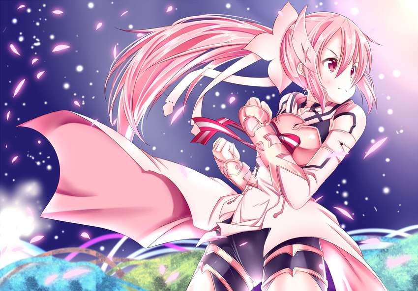 armor blush bow cherry_blossoms heart long_hair mad_(hazukiken) petals pink_eyes pink_hair ponytail ribbons shorts skirt yuuki_yuuna yuuki_yuuna_wa_yuusha_de_aru