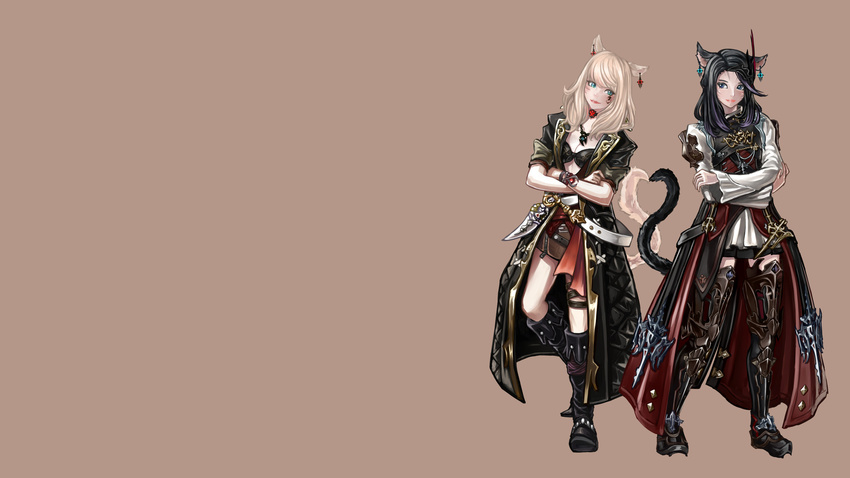 2girls animal_ears armor bikini_top black_hair blonde_hair blue_eyes boots brown catgirl choker final_fantasy final_fantasy_xiv hyuu_(sing-dog) knife miqo'te necklace tail tattoo thighhighs weapon wristwear