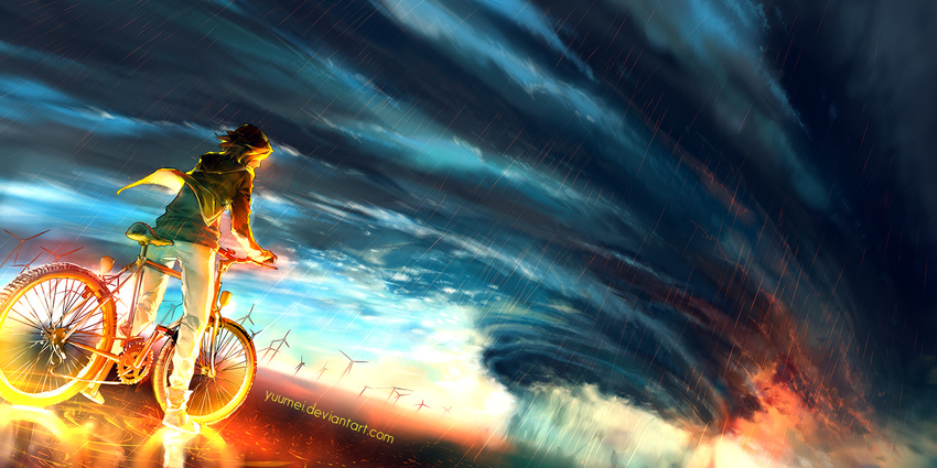 all_male bicycle clouds male original rain scenic short_hair sky water watermark wenqing_yan windmill