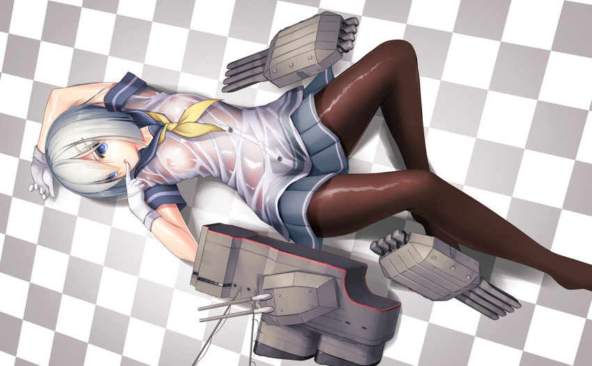 blue_eyes breasts dobunezumi gray_hair hamakaze_(kancolle) kantai_collection nipples pantyhose see_through seifuku short_hair