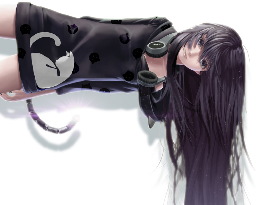 black_eyes black_hair catgirl cropped dress headphones lepus long_hair original tail