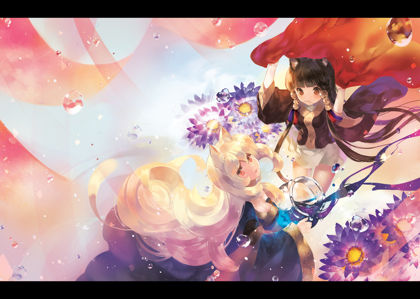 2girls animal_ears black_hair blonde_hair breasts brown_eyes bubbles cleavage flowers long_hair original red_eyes seal_(pukozin)