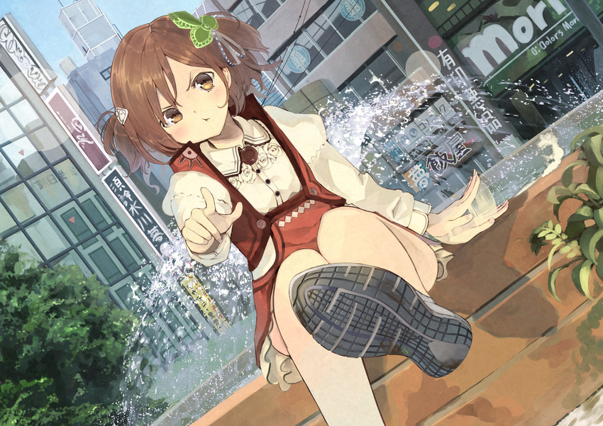 :t beckoning blouse brown_eyes brown_hair buttons city commentary_request dutch_angle fingernails foreshortening fountain furukawa_itsuse hair_ornament highres juliet_sleeves leg_up long_sleeves looking_at_viewer miniskirt original outdoors outstretched_arm patting plant pointing pointing_at_viewer pout puffy_sleeves red_skirt red_vest shoe_soles shoes short_hair sitting skirt sneakers solo twintails two_side_up v-shaped_eyebrows vest water white_blouse wing_collar