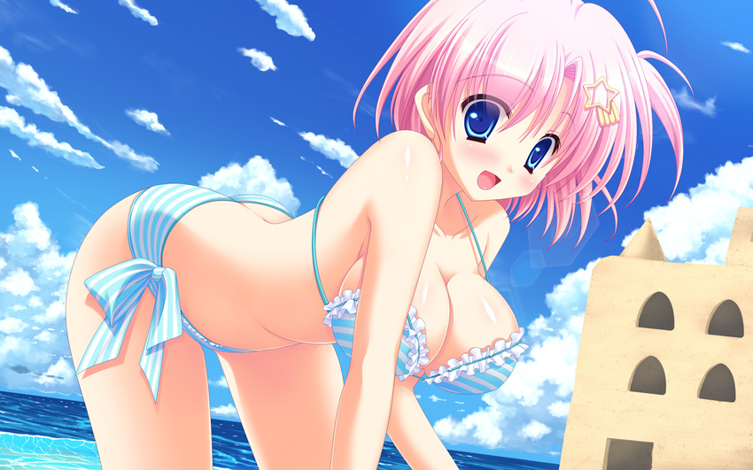 beach bikini blue_eyes blush breasts cleavage clouds game_cg kayano_nagisa koi_x_koi_=_infinity mitsui_mana peassoft pink_hair short_hair sky swimsuit water