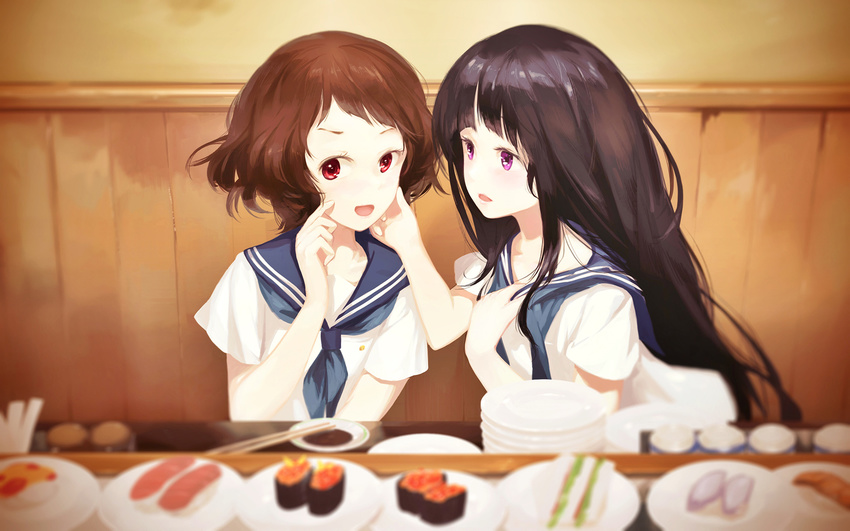 2girls black_hair brown_hair chitanda_eru food hyouka ibara_mayaka jq purple_eyes red_eyes seifuku