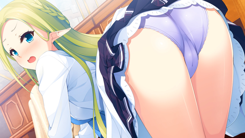 ass aurora_(sekasuku) blue_eyes blush braids cameltoe game_cg green_hair long_hair panties pointed_ears rosebleu sekai_wo_sukuu_dake_no_kantan_na_oshigoto skirt skirt_lift underwear