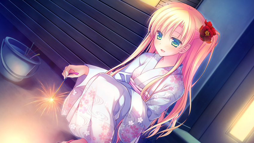 alcot blonde_hair blush chibana_ryouka fireworks flowers game_cg green_eyes japanese_clothes kimi_no_tonari_de_koishiteru! long_hair motomiya_mitsuki yukata