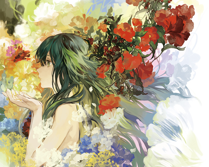 flowers green_eyes green_hair ibaraki long_hair saya saya_no_uta