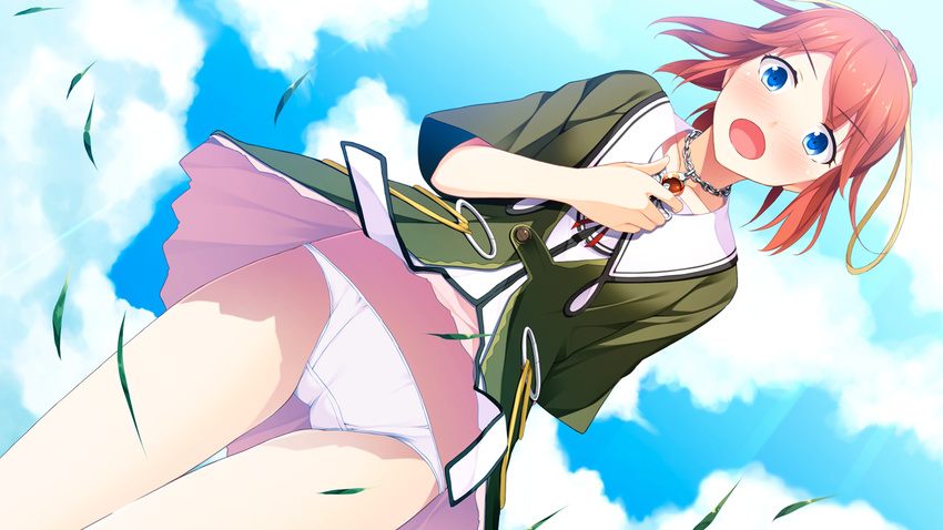 blue_eyes blush game_cg panties red_hair rosebleu sekai_wo_sukuu_dake_no_kantan_na_oshigoto skirt skirt_lift sky underwear upskirt yamanashi_akari