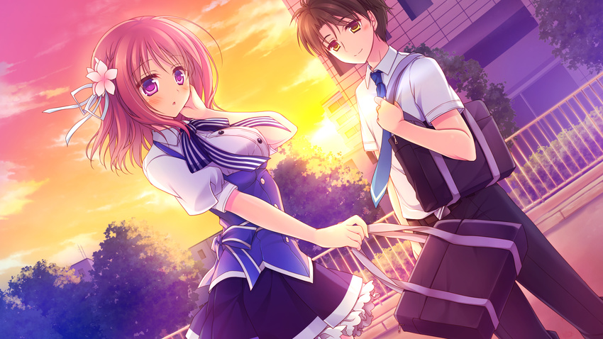 alcot bow brown_hair game_cg kimi_no_tonari_de_koishiteru! komatsu_rina motomiya_mitsuki purple_eyes ribbons seifuku short_hair skirt sunset tie