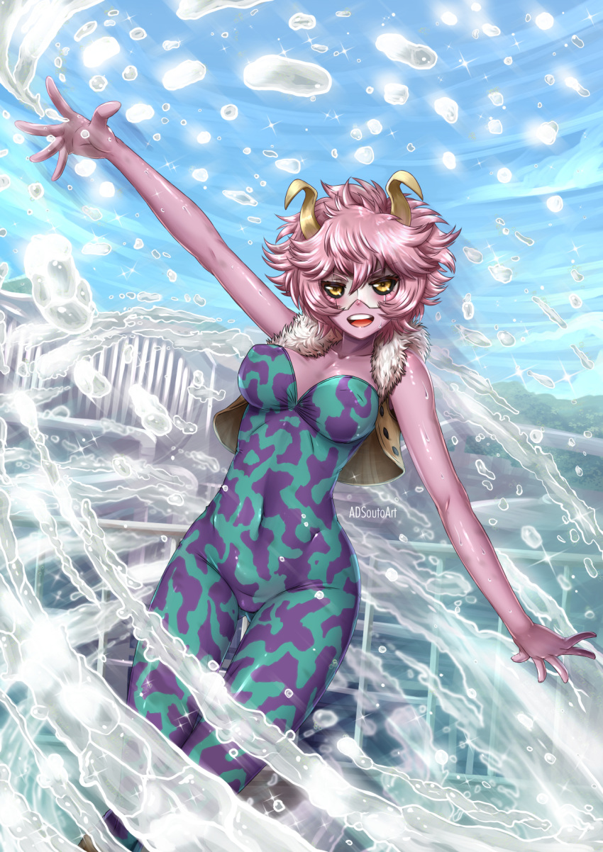 adsouto arm_up artist_name ashido_mina bangs bare_arms bare_shoulders black_sclera blue_sky bodysuit boku_no_hero_academia breasts collarbone commentary covered_navel cowboy_shot day english_commentary erect_nipples eyebrows_visible_through_hair fur_collar gluteal_fold hair_between_eyes highres horns looking_at_viewer mask medium_breasts medium_hair open_clothes open_mouth open_vest outdoors outstretched_arms purple_hair purple_skin skin_tight sky smile solo splashing spread_arms spread_fingers upper_body v-shaped_eyebrows vest water watermark wet yellow_eyes